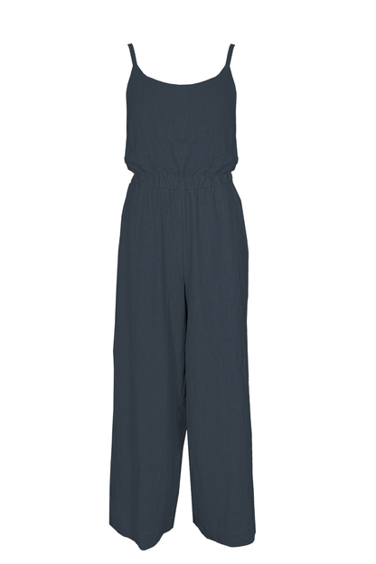 The Kasim Jumpsuit by Melow in Slate, featuring spaghetti straps, an elastic waist, wide full-length legs, and side pockets, is shown against a white background. 