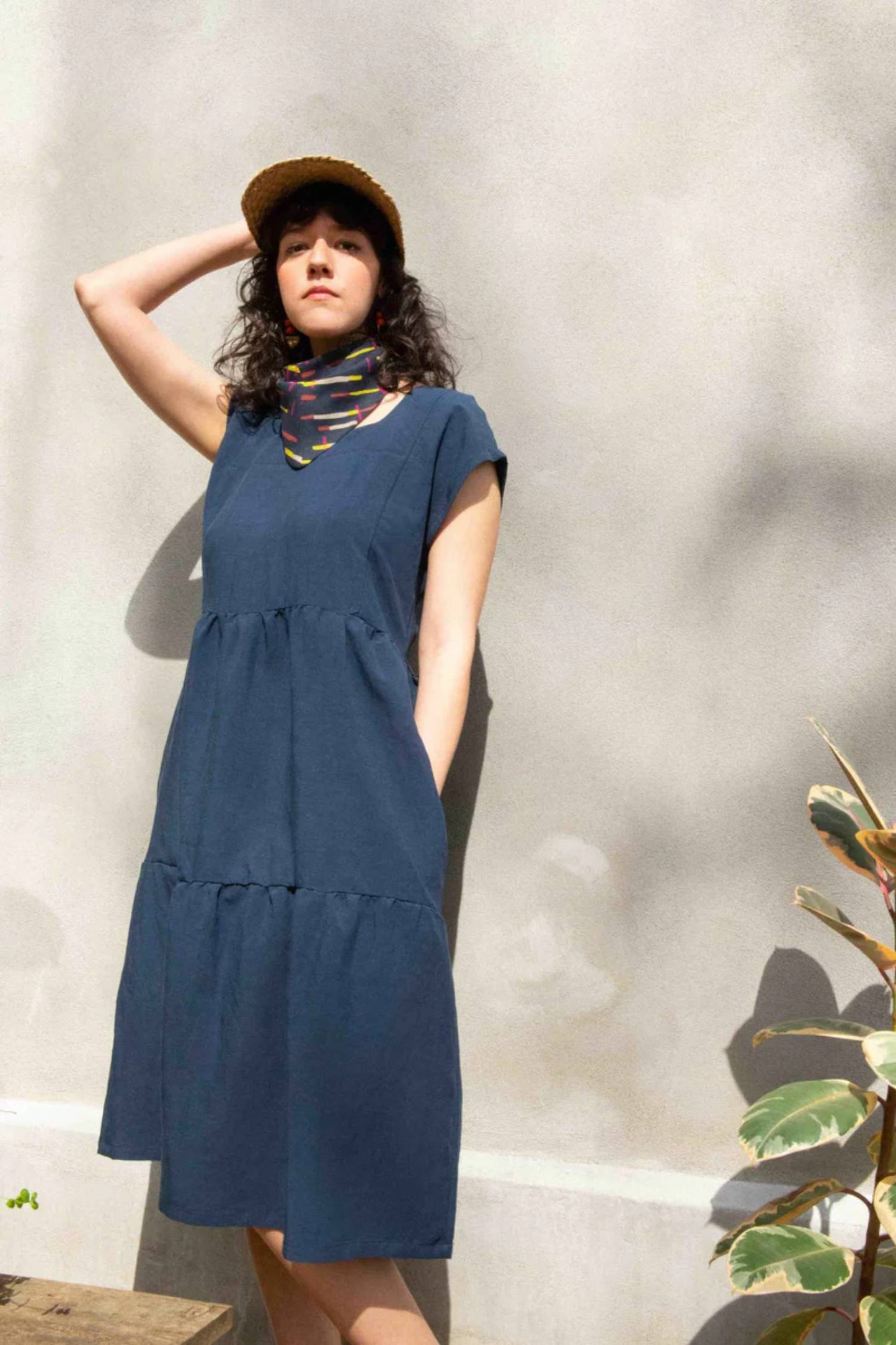 Aster Dress by Kazak, Indigo, midi-length, tiered skirt, loose fit, square neckline, short extended sleeves, eco-fabric, viscose, linen, OEKO-TEX certified, sizes XS to XL, made in Montreal