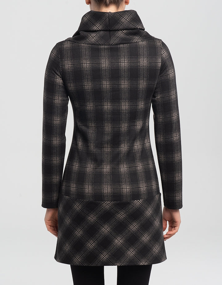 Goodall Dress by Kollontai, Black, back view, plaid print, cowl neck, long sleeves, kangaroo pocket, sizes XS to XXL, made in Montreal