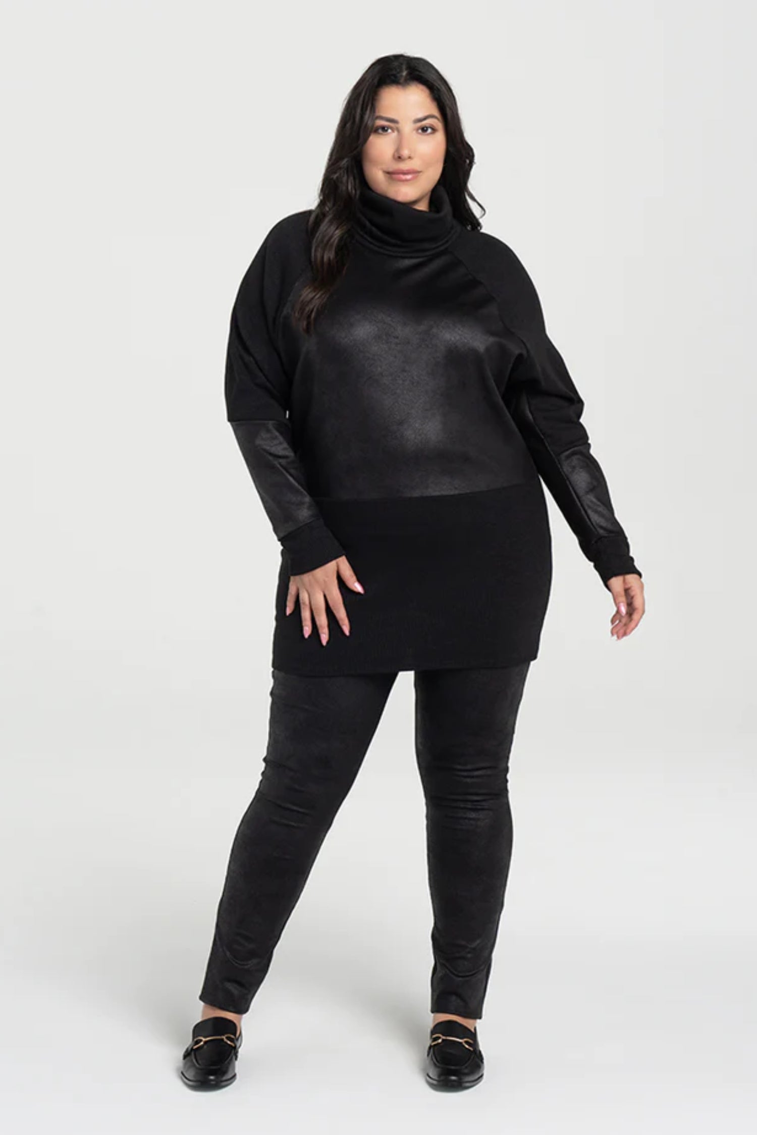 Helsing Tunic by Kollontai, Black, knit, faux leather insets, cowl neck, raglan sleeve, sizes XS to XXL, made in Montreal