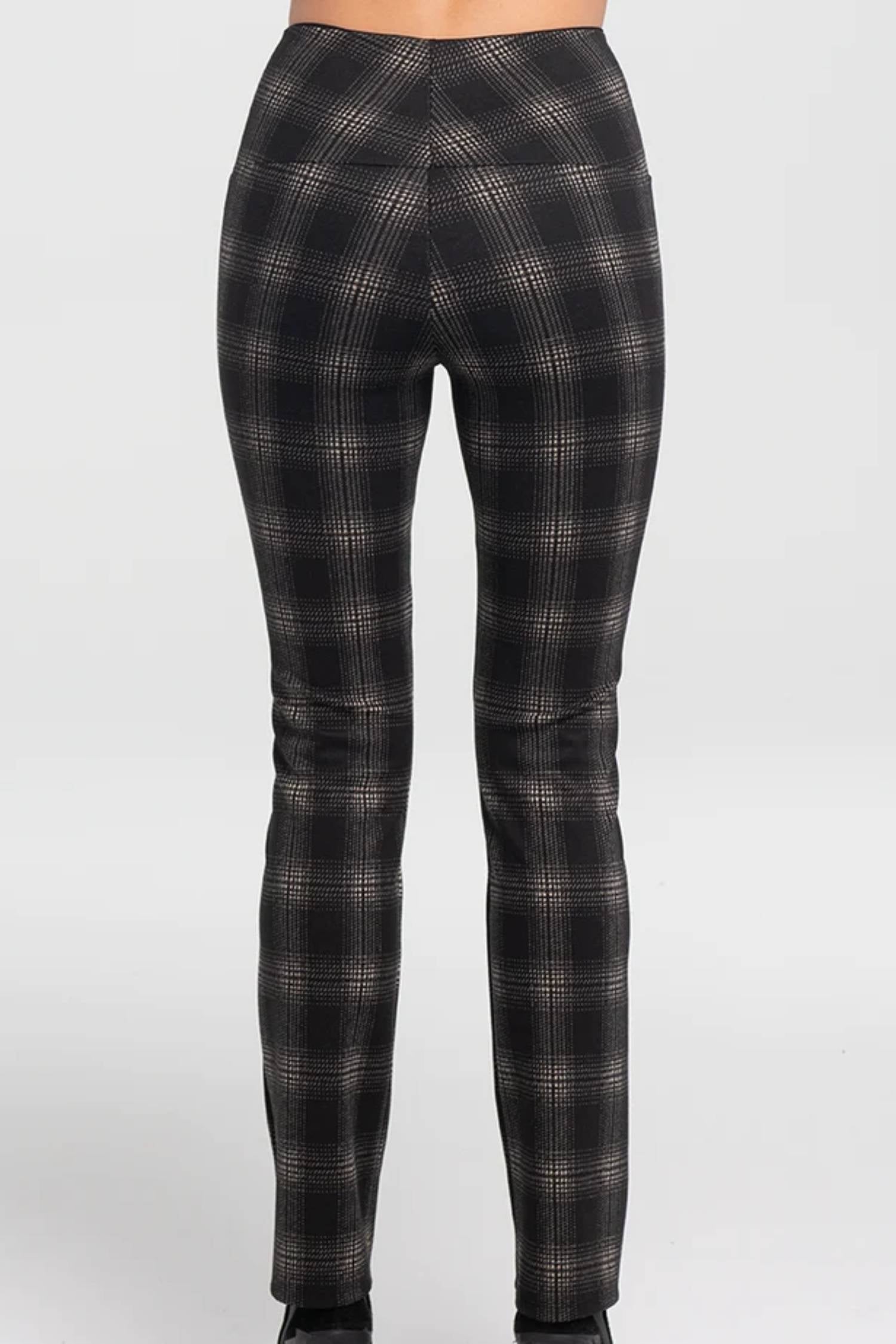 Irena Pants by Kollontai, Black, back view, plaid, pull on waist, slim fit, patch pockets, sizes XS to XXL, made in Montreal
