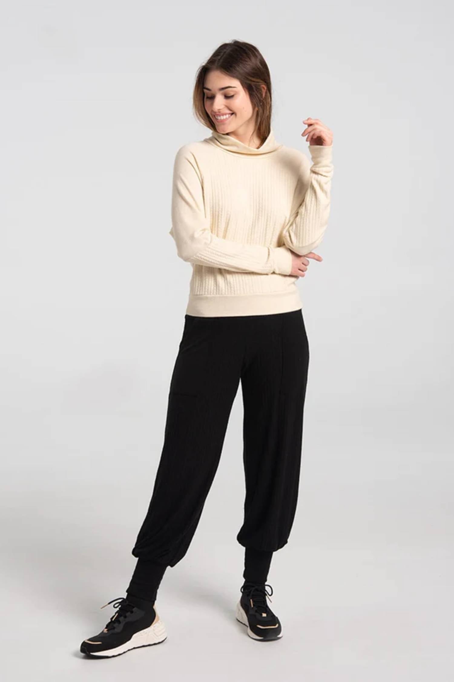 Seth Sweater by Kollontai, Cream, cowl neck, raglan sleeves, fine cable knit on lower sleeves and front, hip length, sizes XS to XXL, made in Montreal