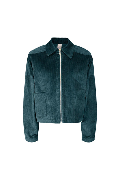 The Lennon Jacket by Melow in Petrole (Teal/Green), a short corduroy jacket with a blouse collar, zip front and patch pockets, is shown against a white background. 