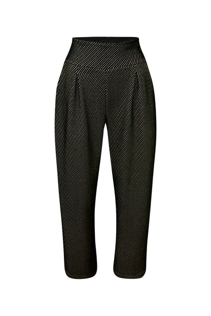 The Leo Pants by Melow in Black, high-waisted full length pants with a wide pull-on waistband, straight legs, front pleats, and a diagonal stripe texture, are shown against a white background. 