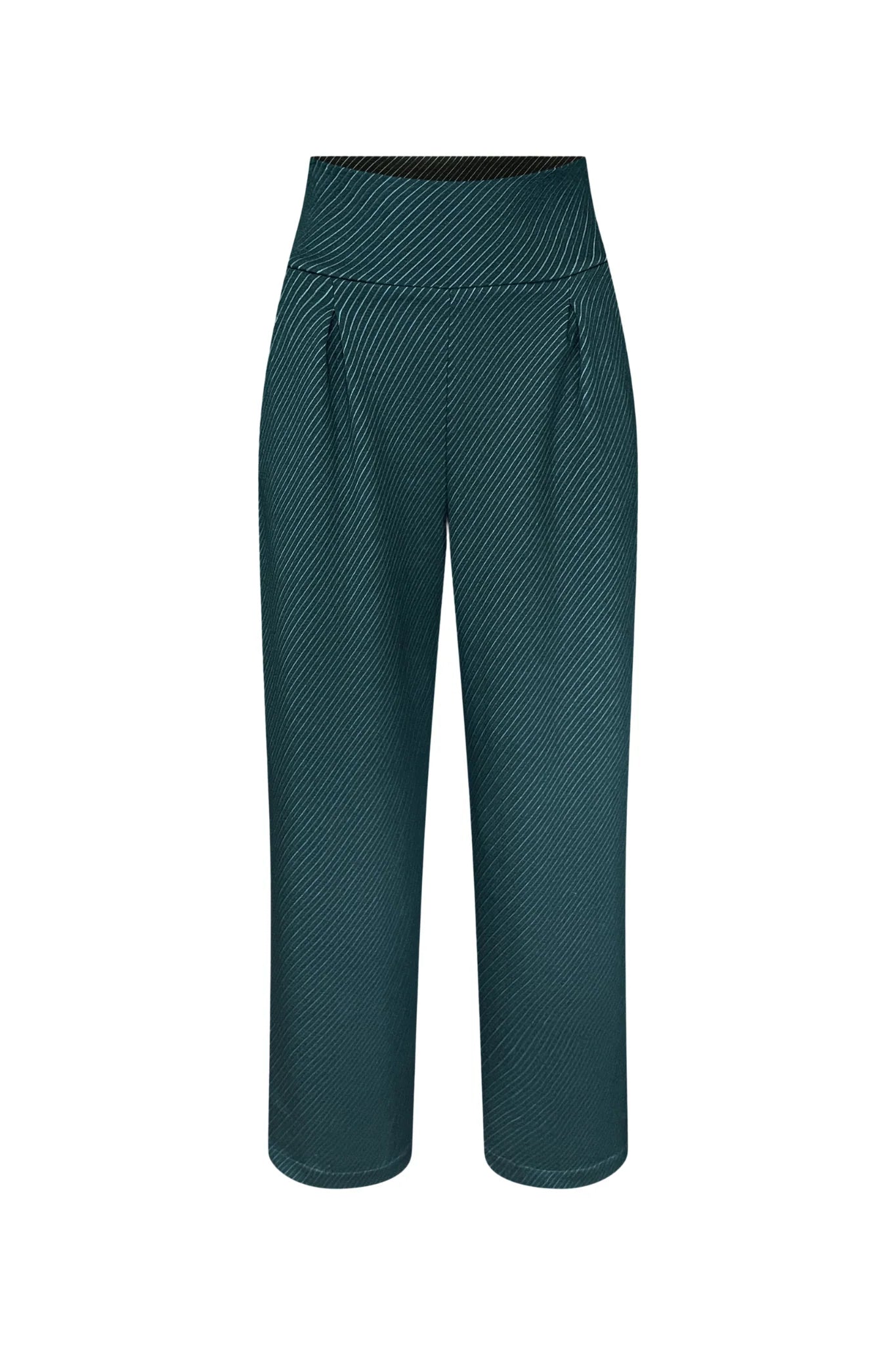 The Leo Pants by Melow in Petrole (Teal/Green) high-waisted full length pants with a wide pull-on waistband, straight legs, front pleats, and a diagonal stripe texture, are shown against a white background. 