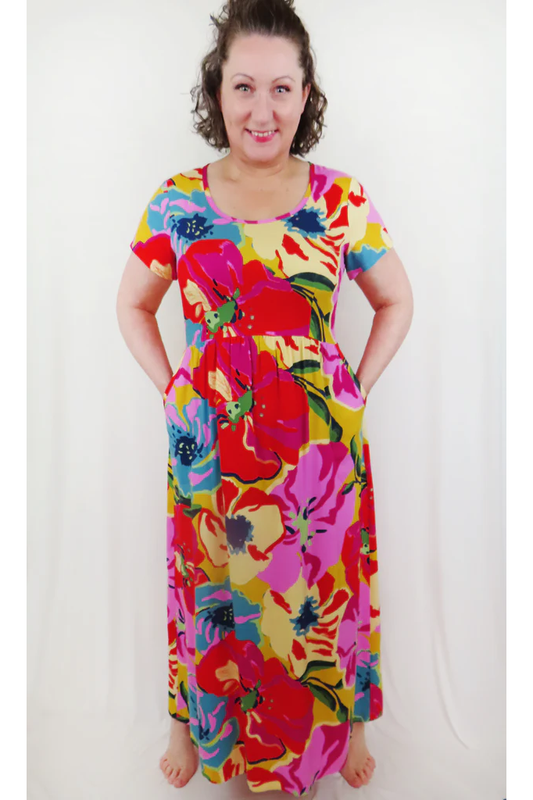 Lindley Maxi Dress by Mandala, Pink Bloom, scoop neck, short sleeves, bust darts, gathered waist with back ties, fully lined skirt, pockets, sizes XS to XL, made in Ontario
