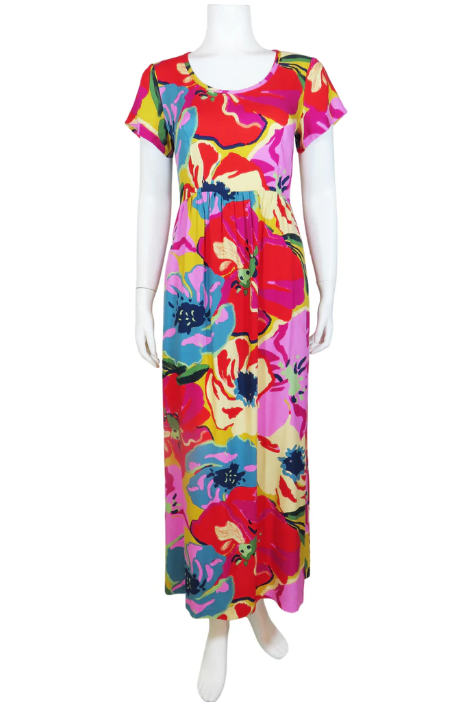 Lindley Maxi Dress by Mandala, Pink Bloom, scoop neck, short sleeves, bust darts, gathered waist with back ties, fully lined skirt, pockets, sizes XS to XL, made in Ontario