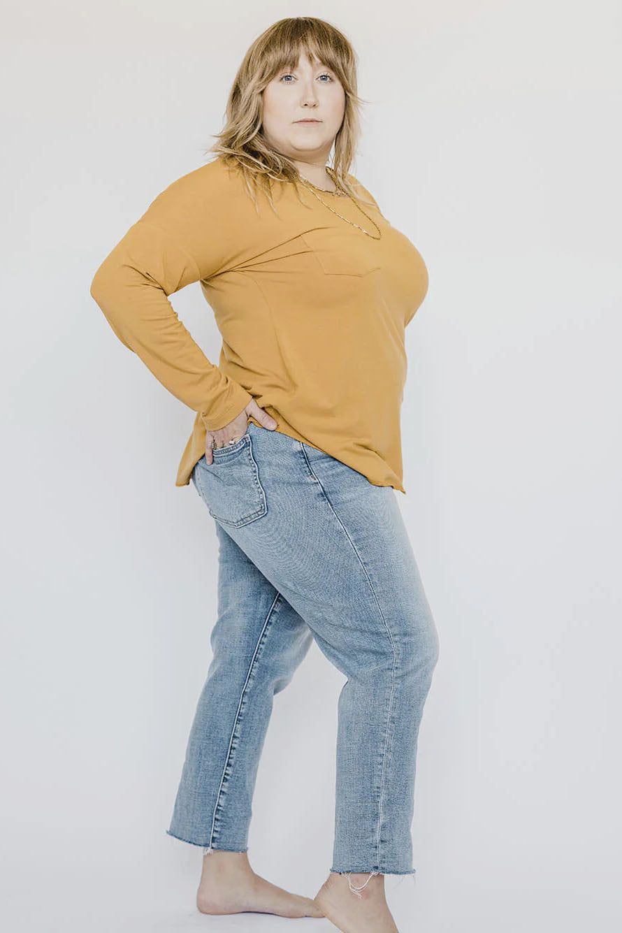 Long Sleeve Janis Tee by Blondie, Navy, shoulderless arms, chest pocket, rounded hem, sizes XS to XL, made in Toronto