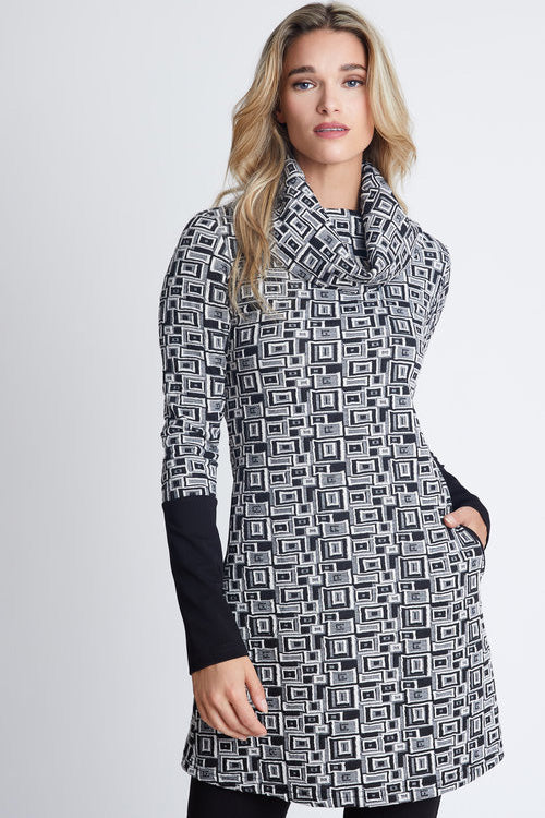 Lou Tunic by DInh Ba, Dijon, plaid print, solid black back and lower sleeves, side pockets, large cowl neck, flared hemline, sizes XS to XL, made in Canada