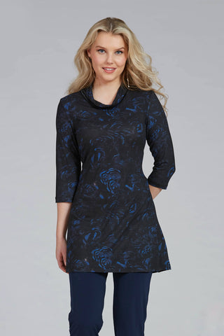 Dalias Tunic by Luc Fontaine, Black and Blue Floral, cowl neck, 3/4 sleeves, A-line shape, sizes 4-16, made in Canada