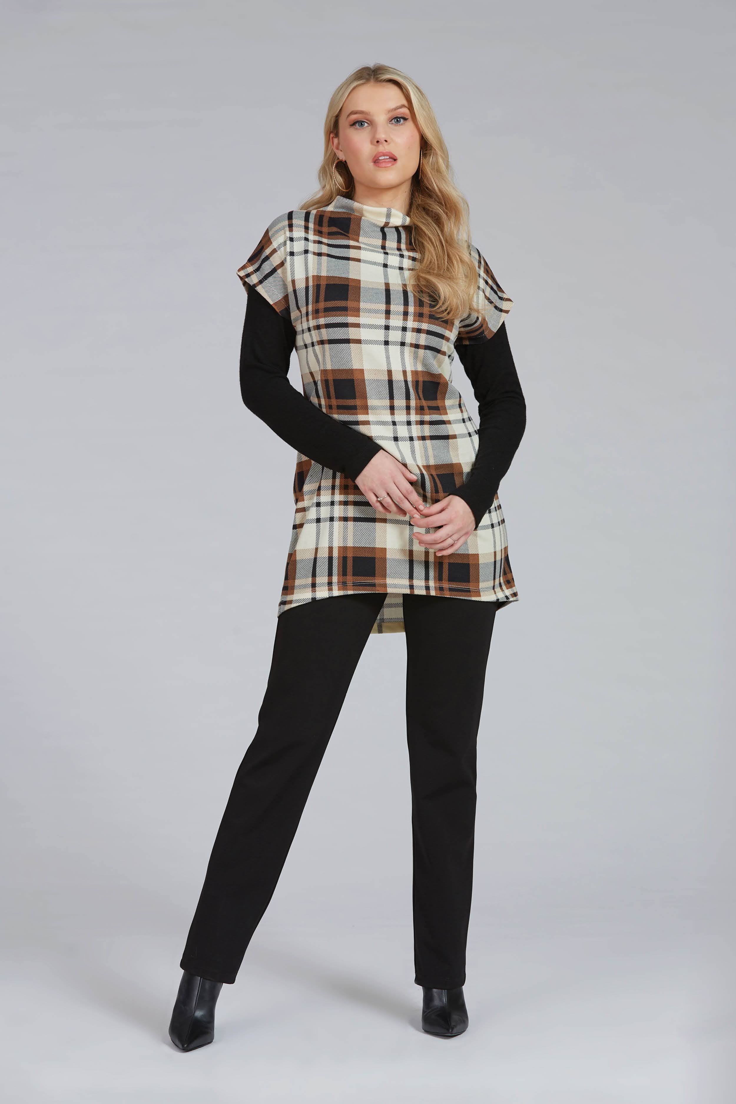 Izel Mock Tunic, Cream and Brown Plaid, double-layer,  small cowl neck, short extended sleeves, hi-low hemline, sizes 4-16, made in Canada
