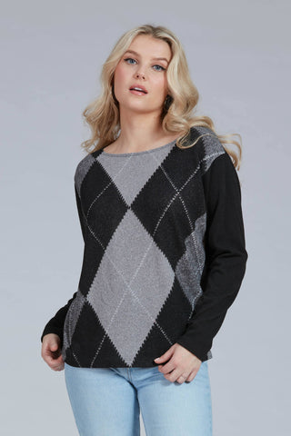 Prep Top by Luc Fontaine, Black and Grey, argyle print, wide neck, drop sleeves, slightly loose fit, sizes 4-16m, made in Canada