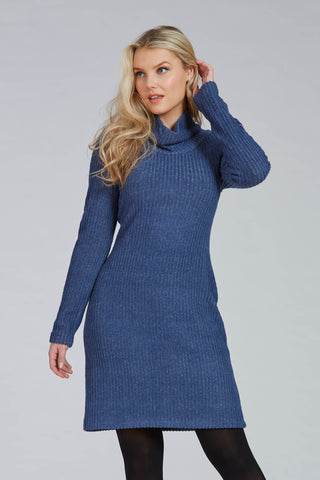 Rib Dress by Luc Fontaine, Blue, rib knit, turtleneck, long sleeves, sizes 4-16, made in Canada