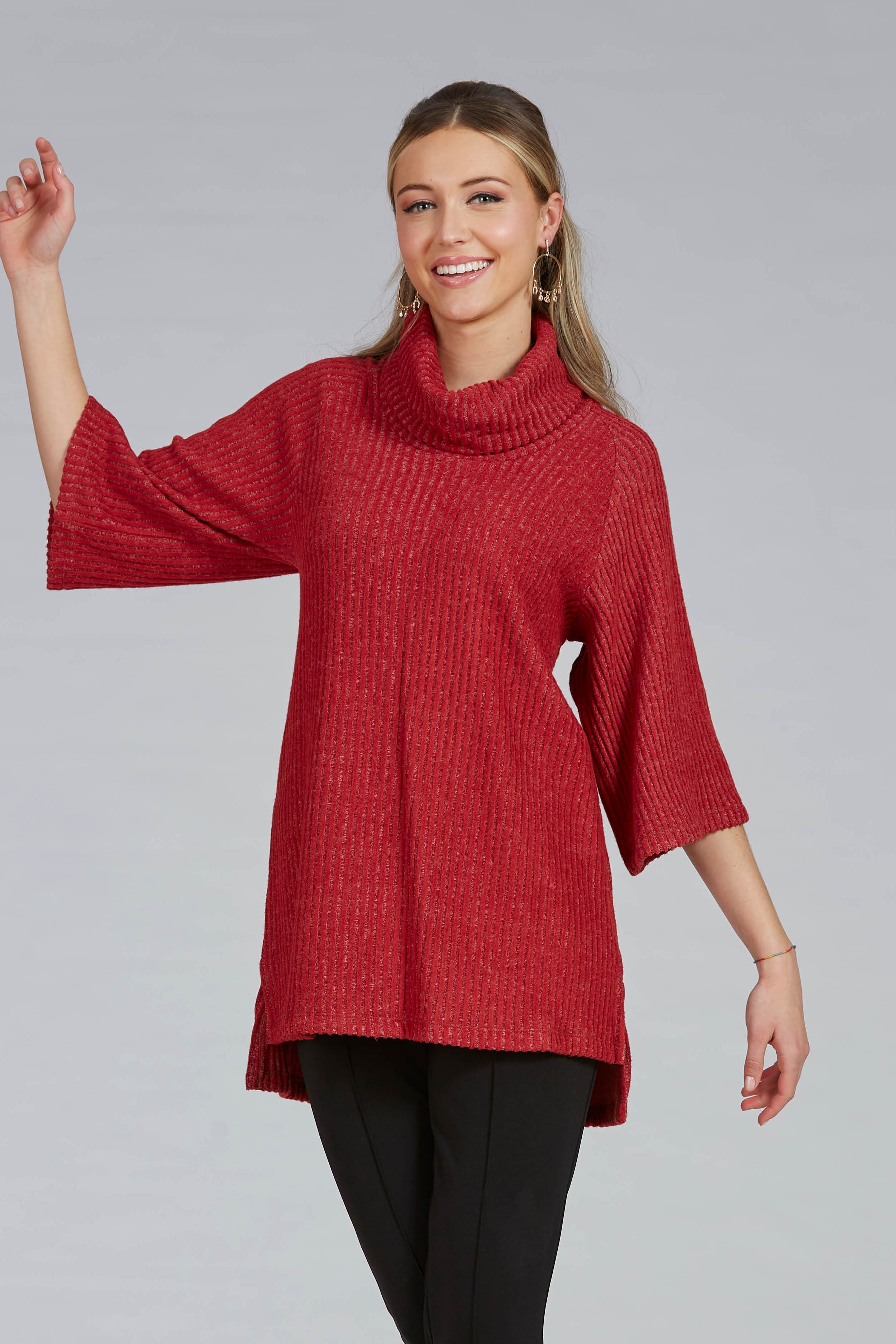 Rib Tunic by Luc Fontaine, Red, cowl neck, wide 3/4 sleeves, hi-low hemline, side slits, sizes 4-16, made in Canada