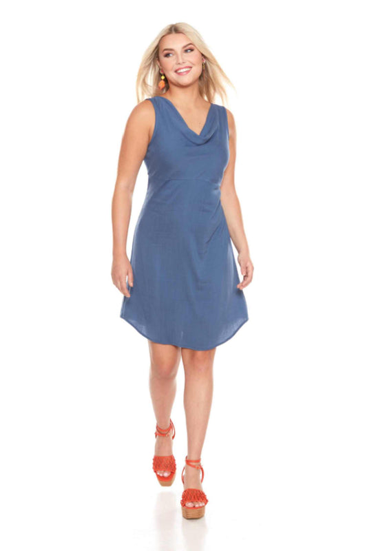 Frenchie Dress by Luc Fontaine, Indigo, cowl neck, double layer bodice, lined skirt, sleeveless, above the knee length, rounded hem, sizes 4-16, made in Montreal