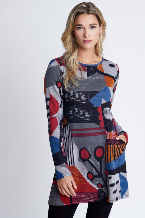 Luna Tunic by Dinh Ba, Multicolour, graphic print, long sleeves, round neck, mid-thigh length, pockets, sizes XS to XL, made in Canada