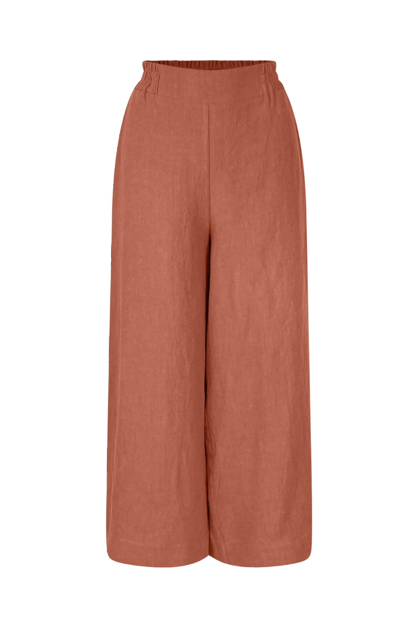 The Marlot Pants by Meow in Rosewood, wide-legged cropped linen pants with a pull on elastic waistband that's smooth at the front, are shown against a white background. 