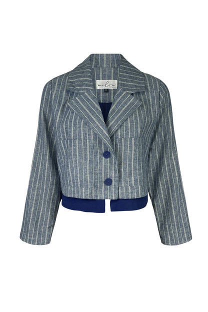 The Maroua Jacket by Melow in Blue stripe, a cropped jacket with a tailored collar, two buttons, sleeves with a button cuff detail, and a contrasting lining band, is shown against a white background. 