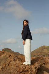 Amsterdam Sweater by MAS, Indigo, oversized, high chimney neck, long extended sleeves, cropped length, ribbed cotton knit, One Size, made in Montreal 