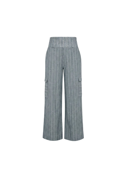 The Maxime Pants by Melow in Blue stripe, straight legged pants with cargo flap pockets on the legs, a high wide waistband, and an invisible side zipper, are shown against a white background. 