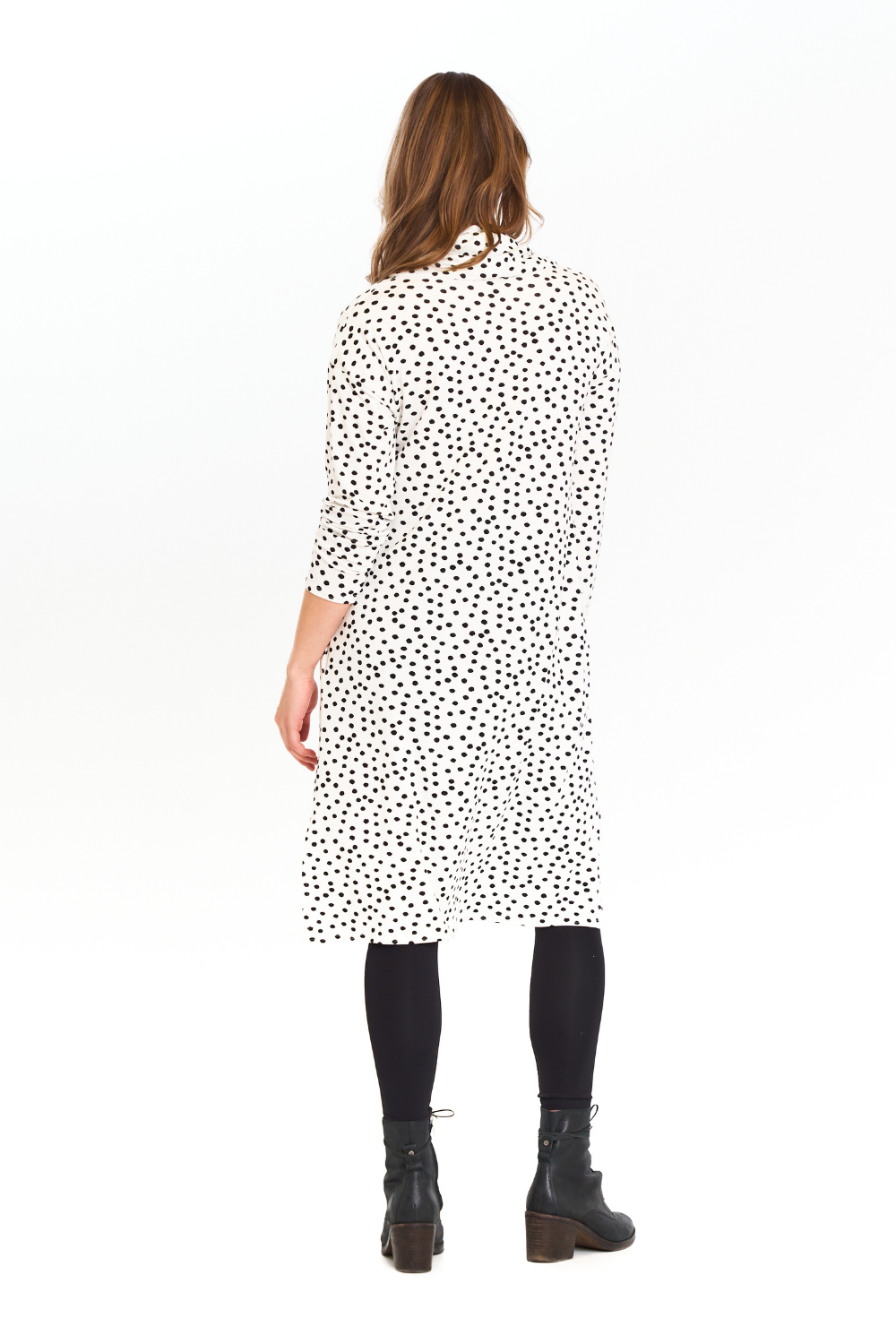 Mimi Midi Dress by EMK, Black and White, back view, polka dots, cowl neck, long sleeves, midi-length, side slits, side pockets, eco-fabric, bamboo rayon, cotton, sizes S-XL, made in Winnipeg