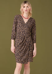 Muriel Dress by Colkuch, Solanum, wrap-style, draped at the waist, back pleats, attached fabric belt, 3/4 sleeves, knee length, sizes XS to XL, made in Montreal