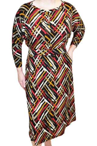 Leigh Slouch Dress by Mandala, Brushstroke Red/Black, jewel neckline with slit, 3/4 dolman sleeves, slouch bodice, stretch waistband, A-line skirt, pockets, sizes S to XL, made in Ontario