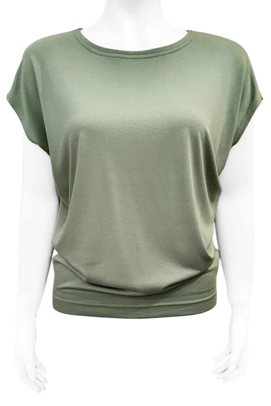 The Mandala Charlie Slouch Tee in Sage, with a round neck, short extended sleeves, and a fitted hem, is shown on a mannequin against a white background. 