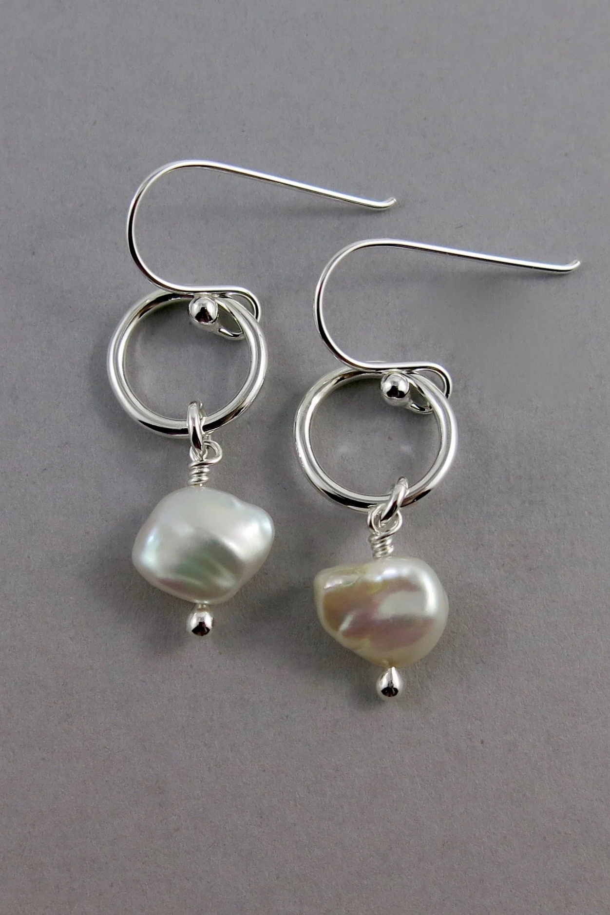 Organic Keshi Pearl Circle Drop Earrings • Sterling Silver