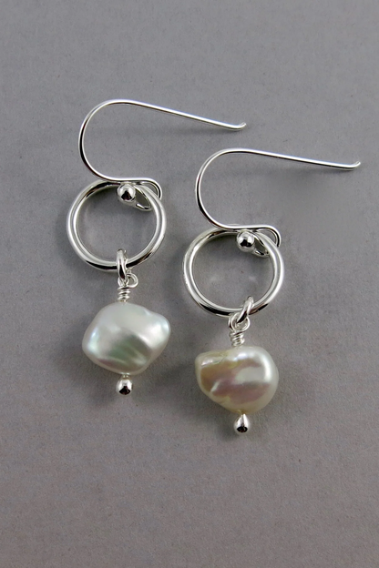 Organic Keshi Pearl Circle Drop Earrings • Sterling Silver