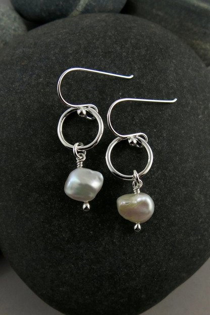 Organic Keshi Pearl Circle Drop Earrings • Sterling Silver