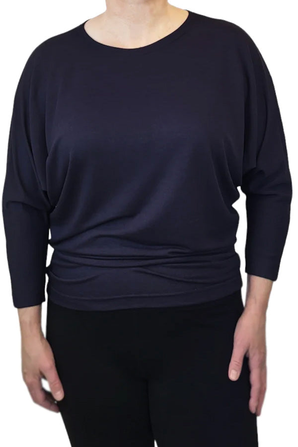 Joel Slouch Tee by Mandala, Navy, wide jewel neck, 3/4 dolman sleeves, slouchy fit, fitted hemline at hip sizes XS to XXL, made in Ontario