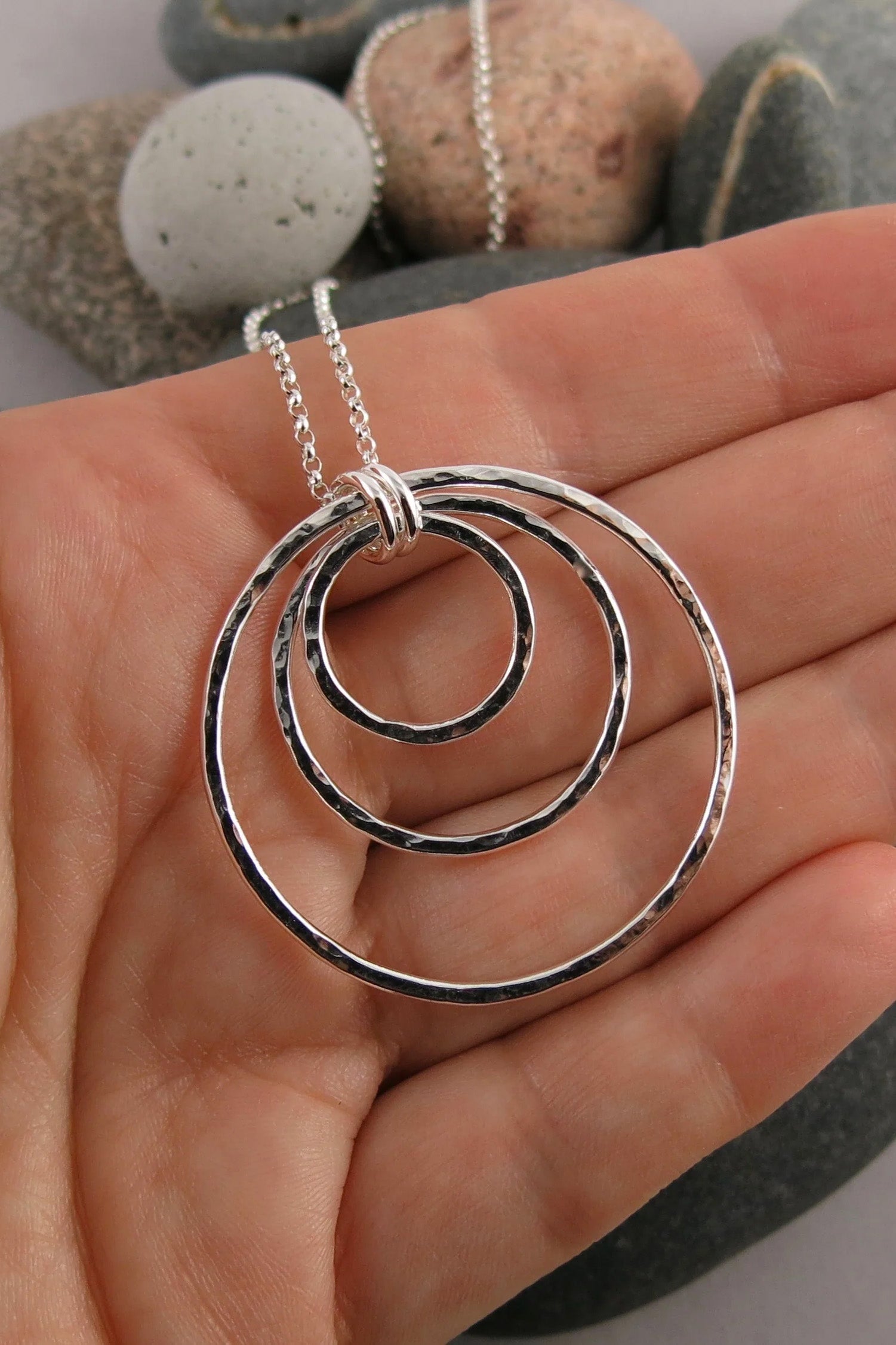 Nesting Trio Circle Necklace • Hammer Textured Sterling Silver with Rolo Chain 2021