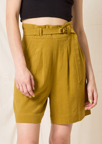 Kamala Short by Cokluch, Pistachio, high waist, paper-bag effect, ring belt, front pleats, button closure at waist, pockets, eco-fabric, OEKO-TEX certified, sizes XS to XL, made in Montreal