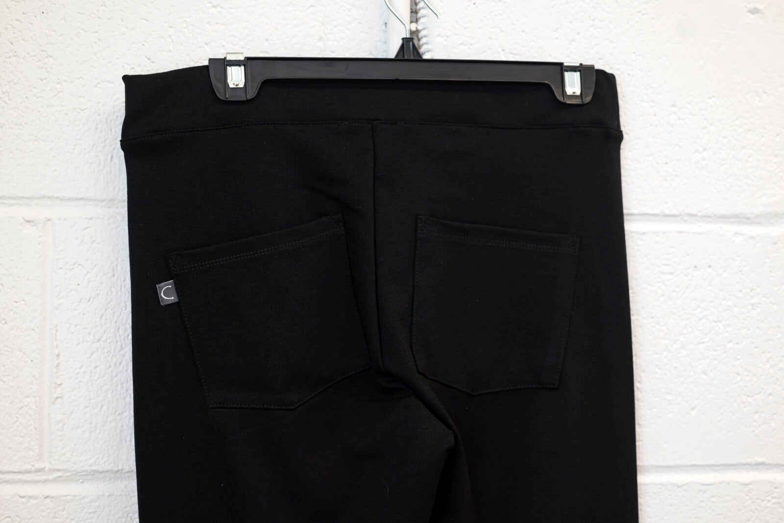 Delice Pants by Marie C, Black, pull-on, slim fit, Ponte di Roma fabric, rear pockets, sizes XS to XL, made in Quebec