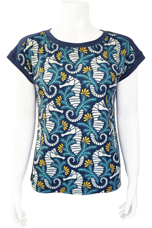 Mannequin wearing the Marina Deep Sea Tee from Mandala in Seahorse pattern, against a white background