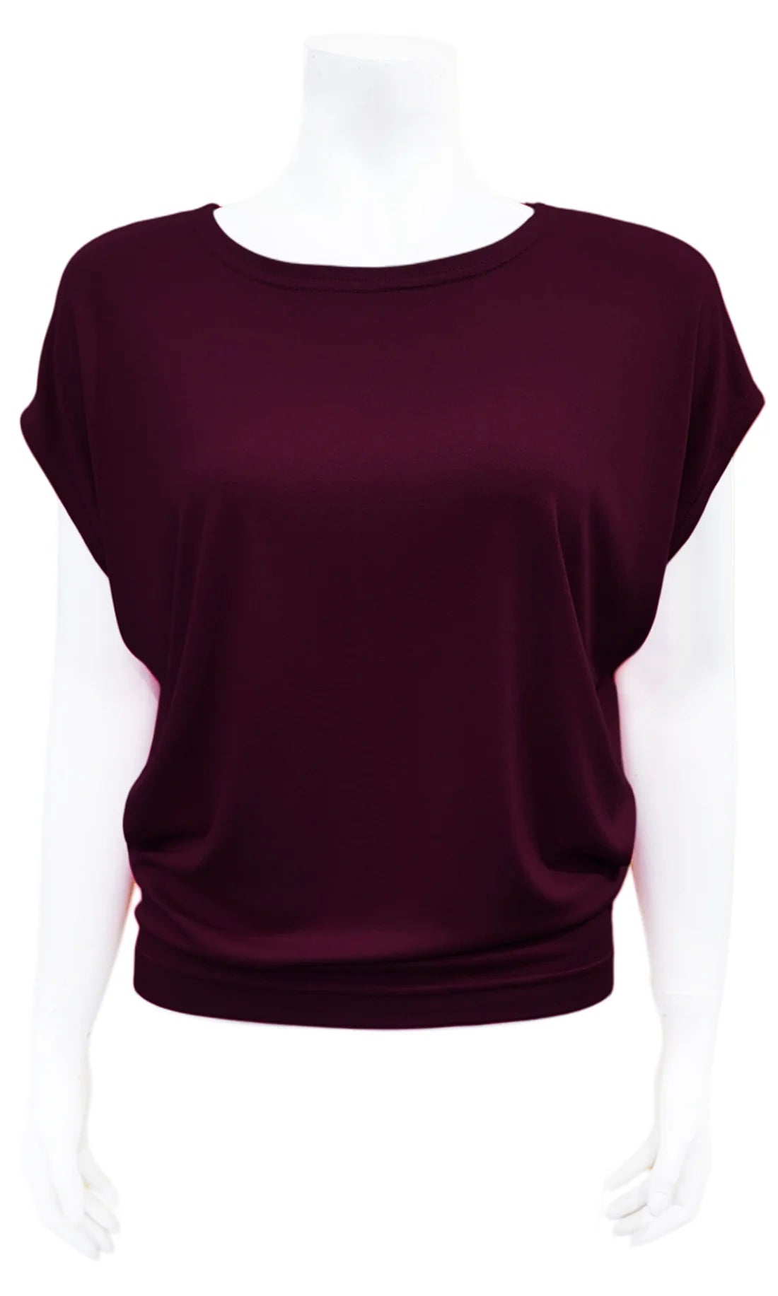 The Mandala Charlie Slouch Tee in Blackberry, with a round neck, short extended sleeves, and a fitted hem, is shown on a mannequin against a white background. 