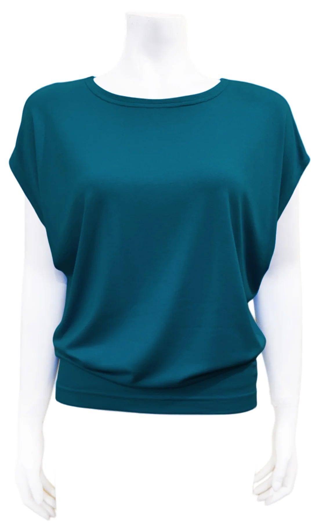 The Mandala Charlie Slouch Tee in 
Classic Teal, with a round neck, short extended sleeves, and a fitted hem, is shown on a mannequin against a white background. 
