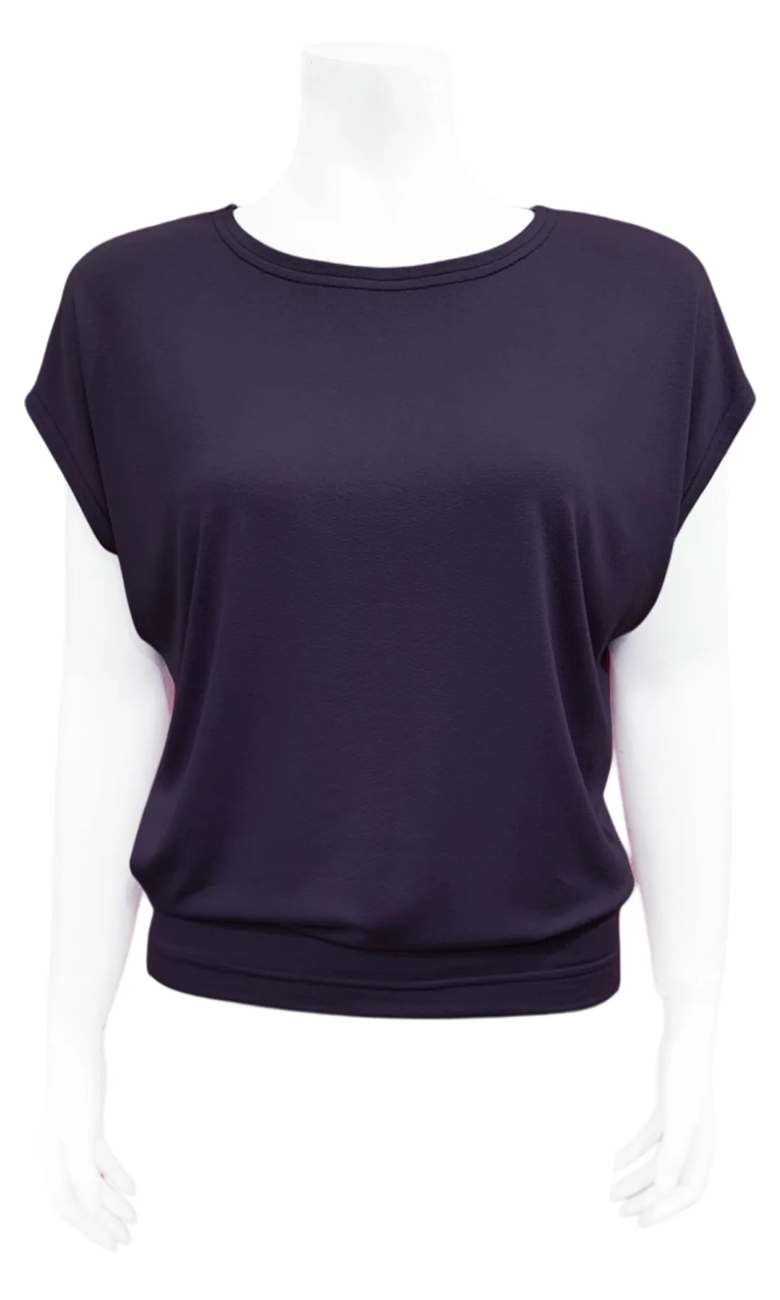 The Mandala Charlie Slouch Tee in Deep Purple, with a round neck, short extended sleeves, and a fitted hem, is shown on a mannequin against a white background. 