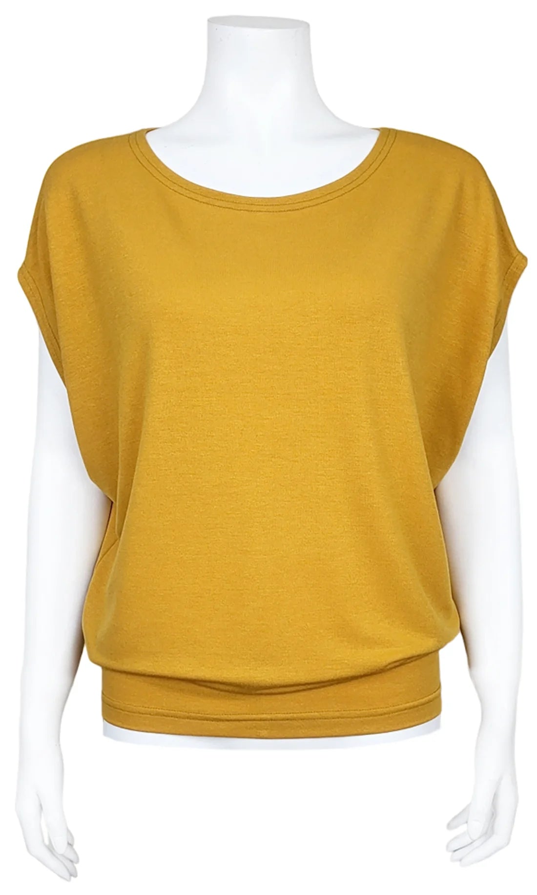 The Mandala Charlie Slouch Tee in Harvest Gold, with a round neck, short extended sleeves, and a fitted hem, is shown on a mannequin against a white background. 