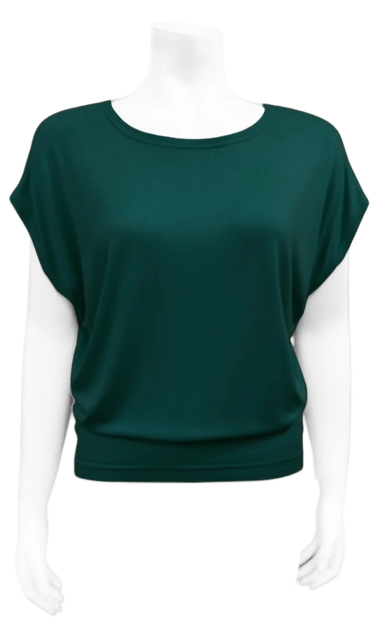 The Mandala Charlie Slouch Tee in Hunter Green, with a round neck, short extended sleeves, and a fitted hem, is shown on a mannequin against a white background. 
