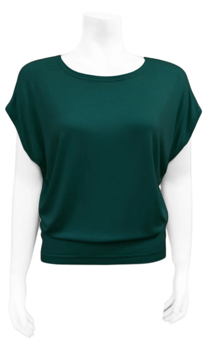 The Mandala Charlie Slouch Tee in Hunter Green, with a round neck, short extended sleeves, and a fitted hem, is shown on a mannequin against a white background. 