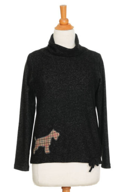 The Gustave Sweater by Rien ne se Perd in Charcoal with a plaid Scottish Terrier applique is shown on a mannequin in front of a white background 