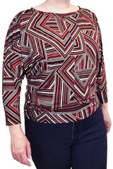 Amanda Slouch Tee by Mandala, Maze Red, wide jewel neck, 3/4 dolman sleeves, slouchy fit, fitted hemline at hip sizes XS to XXL, made in Ontario