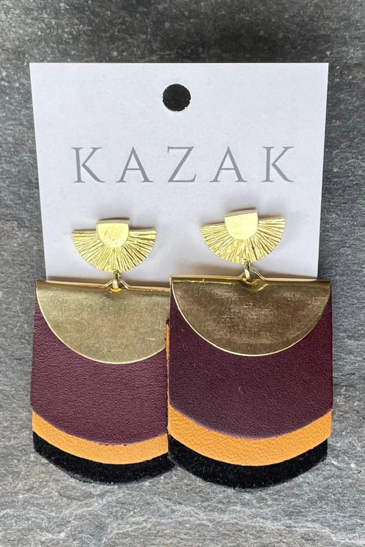 Roma Burgundy/Mustard/Suede earrings on a 'KAZAK' branded card against a grey background