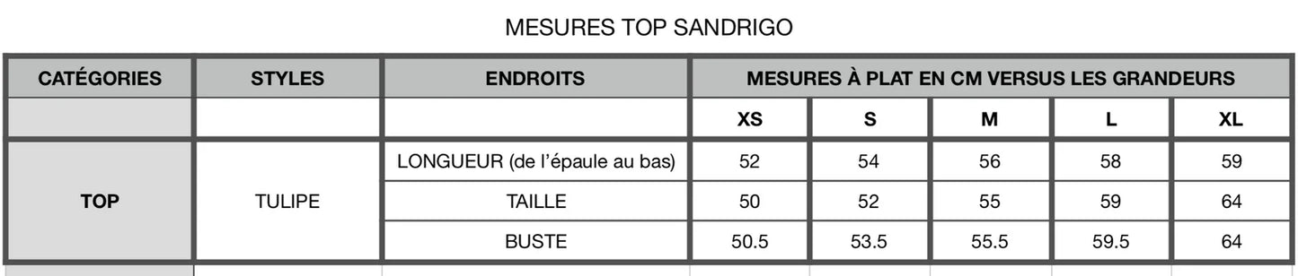Sandrigo Top by kazak measurement chart. 