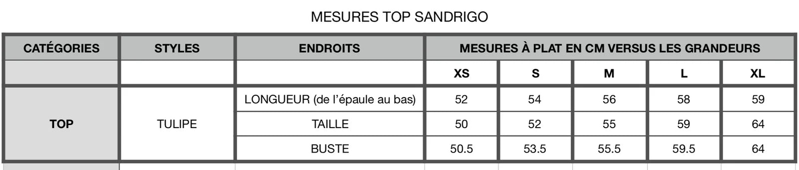 Sandrigo Top by kazak measurement chart. 