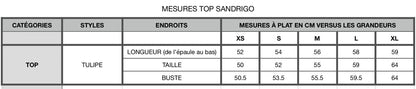 Sandrigo Top by kazak measurement chart. 