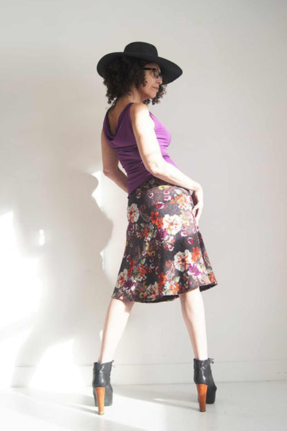 Bias Skirt by SI Design, Grey Floral, back view, A-line skirt, elastic waist, knee length, sizes S-L, made in Montreal