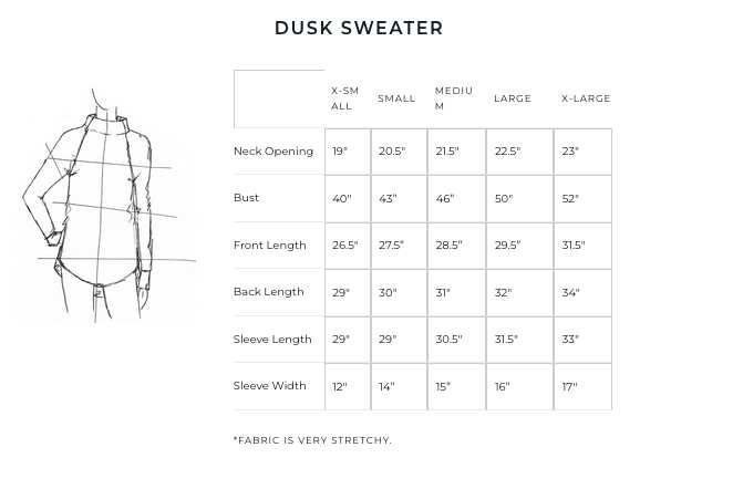 Classic Dusk Sweater by Blondie, size chart